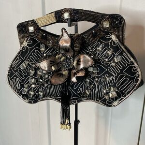 Mary Frances Black and greys Clutch - unique design - intricate beading and flor